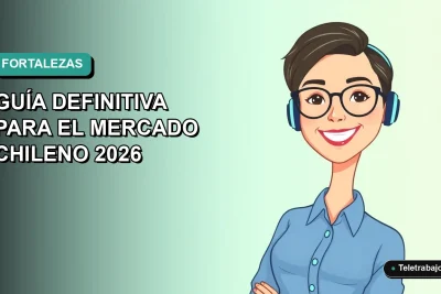 Ilustración plana vectorial de mujer profesional chilena con blusa azul, sonriendo, sobre fondo degradado verde azulado. Concepto de desarrollo profesional.