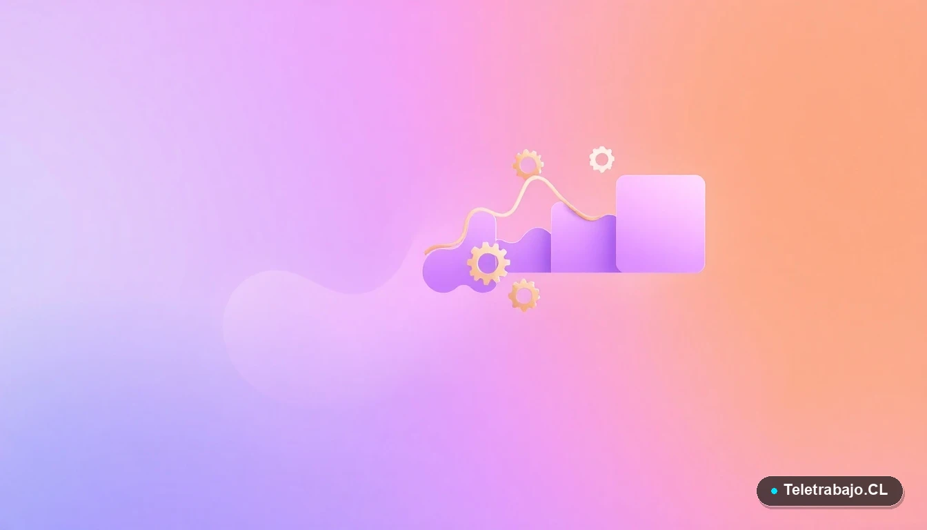 Elementos de interfaz de usuario abstractos y modernos: gráficos, engranajes y carpetas flotantes en tonos lavanda y durazno, sobre fondo degradado.