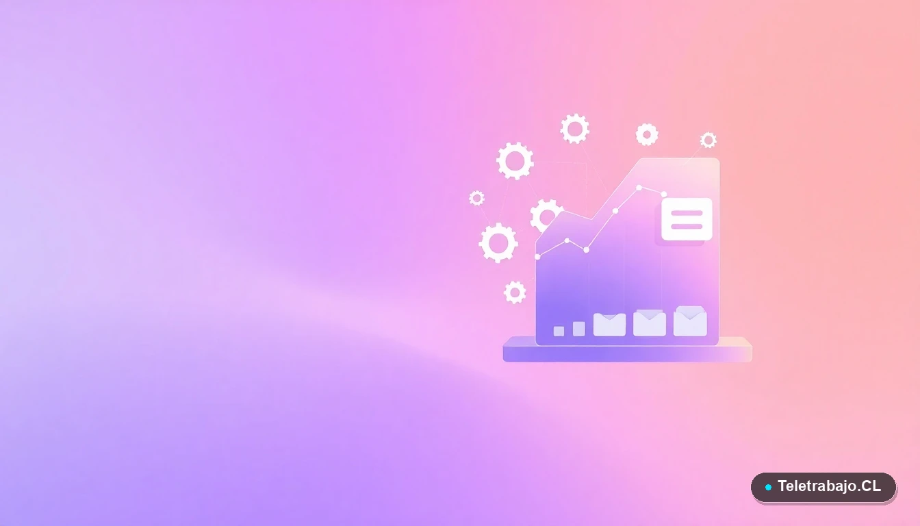 Elementos de interfaz de usuario abstractos: gráficos en alza, engranajes y carpetas flotantes sobre fondo degradado lila. Concepto de crecimiento y estrategia.
