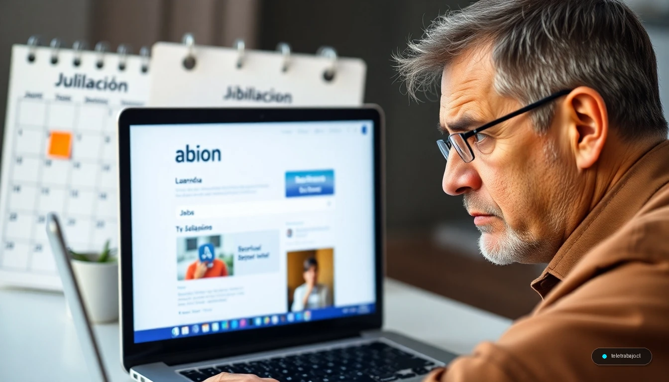 Persona mayor de 50 años buscando empleo online preocupada por su futura jubilación