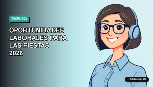 Ilustración vectorial plana de una mujer profesional chilena sonriente, con blusa azul, en fondo degradado verde azulado, representando la baja del desempleo y oportunidades laborales para fiestas.