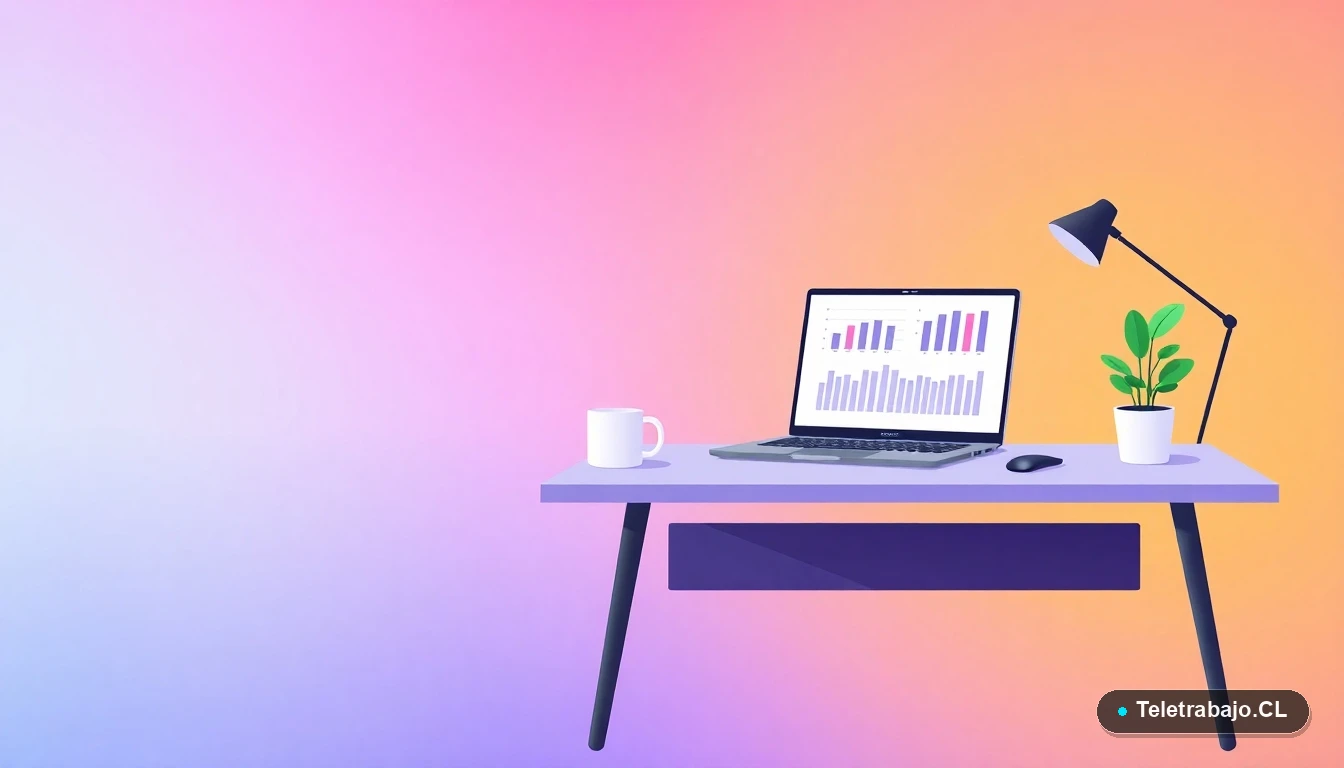 Escritorio moderno vacío con laptop, gráficos abstractos, taza de café y planta, en fondo degradado lavanda y durazno, simbolizando oportunidades laborales disponibles.