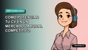 Ilustración plana corporativa de una mujer profesional chilena sonriendo, con fondo degradado azul verdoso, sobre el desempleo y competitividad laboral en Chile 2026.