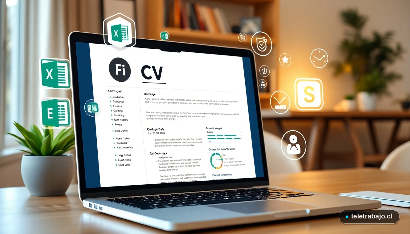Curriculum Vitae moderno en pantalla de laptop con herramientas digitales clave para el mercado laboral chileno