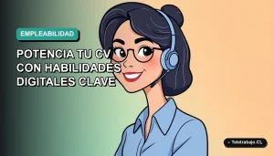 Ilustración vectorial plana de una trabajadora chilena sonriente con blusa azul, sobre fondo degradado verde azulado. Concepto de empleo y capacitación digital.