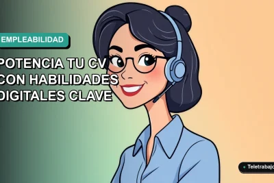 Ilustración vectorial plana de una trabajadora chilena sonriente con blusa azul, sobre fondo degradado verde azulado. Concepto de empleo y capacitación digital.