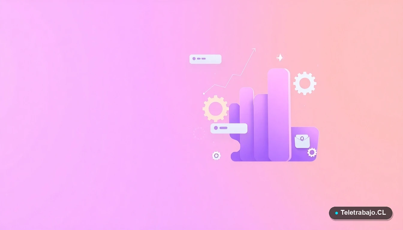 Composición abstracta de interfaz de usuario digital con gráficos flotantes y engranajes estilizados en tonos lavanda y durazno, sobre fondo degradado. Representa habilidades tecnológicas y análisis de datos.