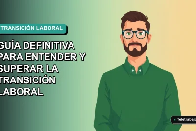 Ilustración vectorial plana de un trabajador masculino de tecnología en transición laboral, con fondo degradado azul verdoso.