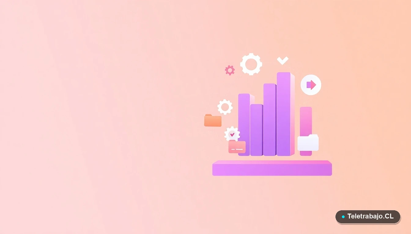 Elementos de interfaz de usuario abstractos y gráficos flotantes que representan datos y procesos, sobre fondo degradado melocotón.