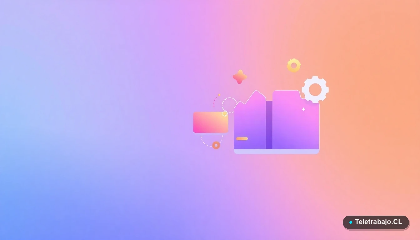 Composición abstracta de interfaz de usuario tecnológica con gráficos flotantes, un engranaje y carpetas, en tonos lavanda y durazno, sobre un fondo degradado. Concepto visual de datos y oportunidades laborales.