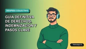 Ilustración vectorial plana de un trabajador masculino de tecnología con suéter verde, sobre un fondo degradado azul y verde. Representa una guía sobre derechos laborales ante un despido colectivo en Chile 2026.