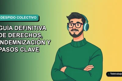 Ilustración vectorial plana de un trabajador masculino de tecnología con suéter verde, sobre un fondo degradado azul y verde. Representa una guía sobre derechos laborales ante un despido colectivo en Chile 2026.