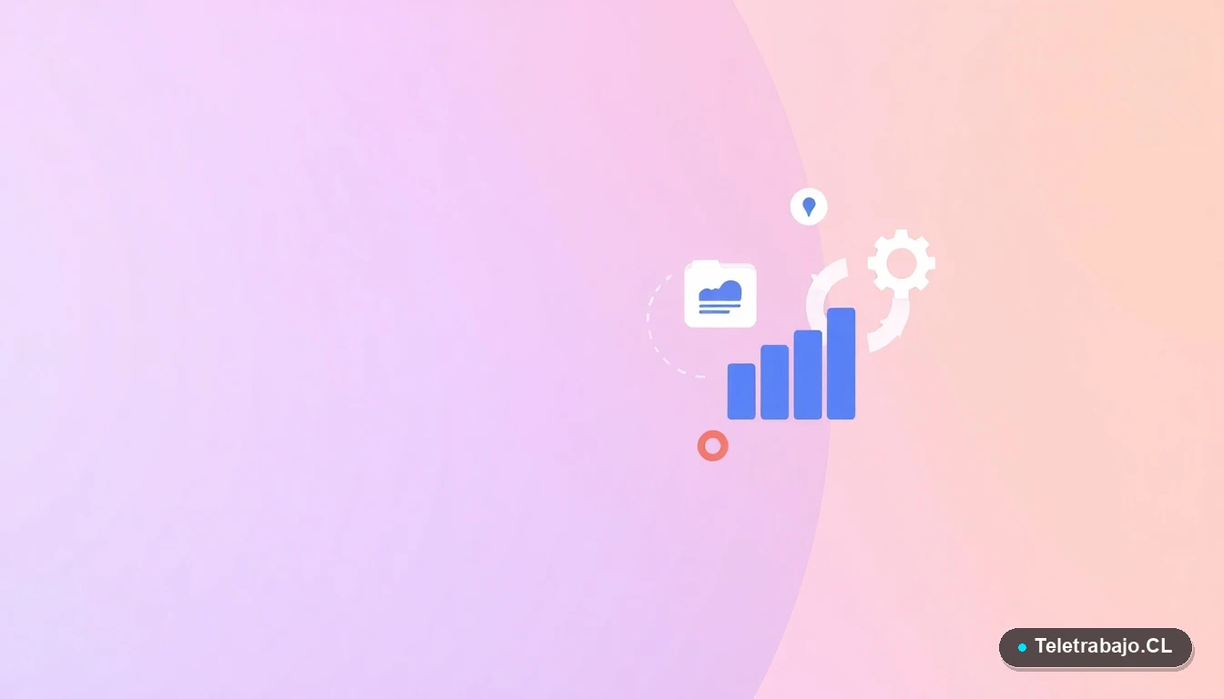 Composición abstracta de interfaz de usuario con iconos planos de gráficos, carpetas y engranajes, sobre un fondo degradado lila y durazno. Representa conceptos de procesos legales y datos laborales para un despido colectivo.