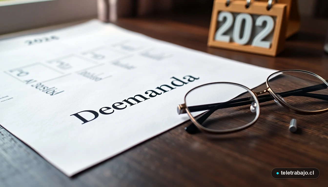 Primer plano de documentos legales de una demanda por despido improcedente junto a unas gafas de lectura, concepto de reclamación judicial.