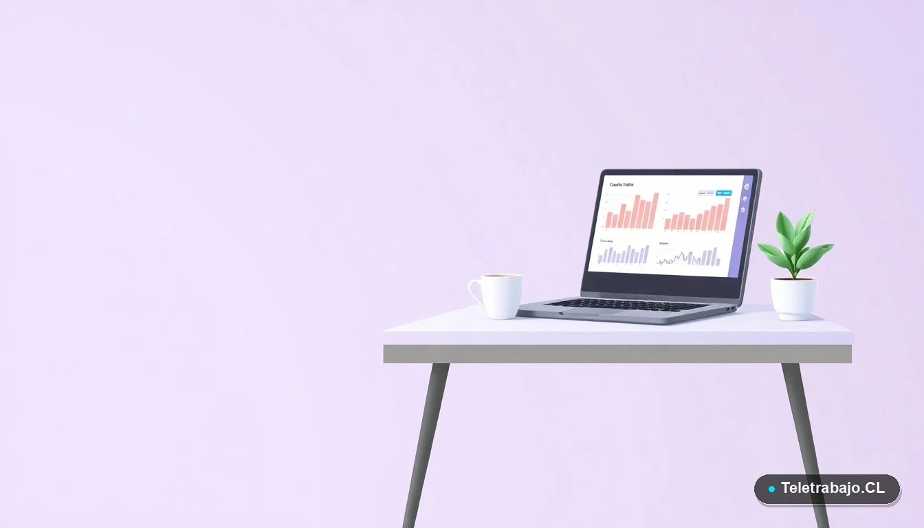 Escritorio moderno minimalista con laptop, gráficos abstractos, taza de café y una planta, representando un nuevo comienzo laboral. Fondo con degradado lavanda.