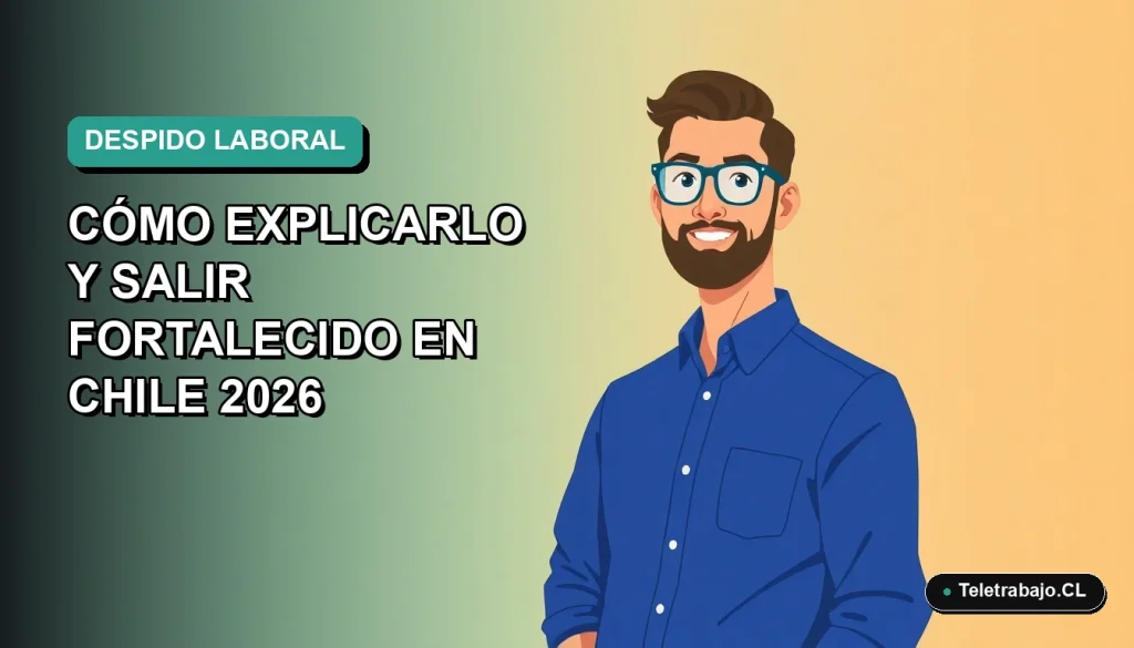 Ilustración vectorial plana de un trabajador masculino con camisa azul y lentes, explicando un despido en una entrevista laboral en Chile, fondo degradado teal.