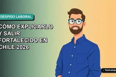 Ilustración vectorial plana de un trabajador masculino con camisa azul y lentes, explicando un despido en una entrevista laboral en Chile, fondo degradado teal.