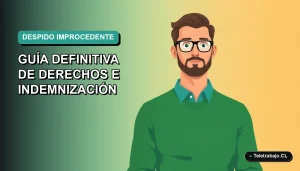 Ilustración vectorial plana de un trabajador masculino con suéter verde, sobre un fondo degradado azul verdoso, representando el despido improcedente en Chile.