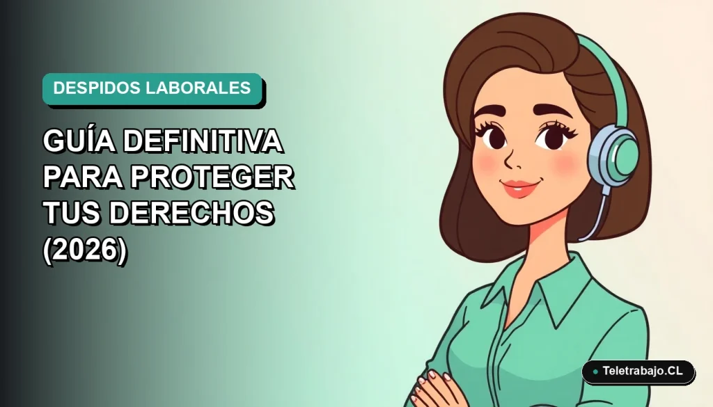 Ilustración vectorial plana de una mujer profesional de teletrabajo en Chile, con fondo degradado azul verdoso, sobre derecho laboral y tipos de despido.