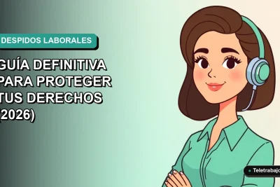 Ilustración vectorial plana de una mujer profesional de teletrabajo en Chile, con fondo degradado azul verdoso, sobre derecho laboral y tipos de despido.