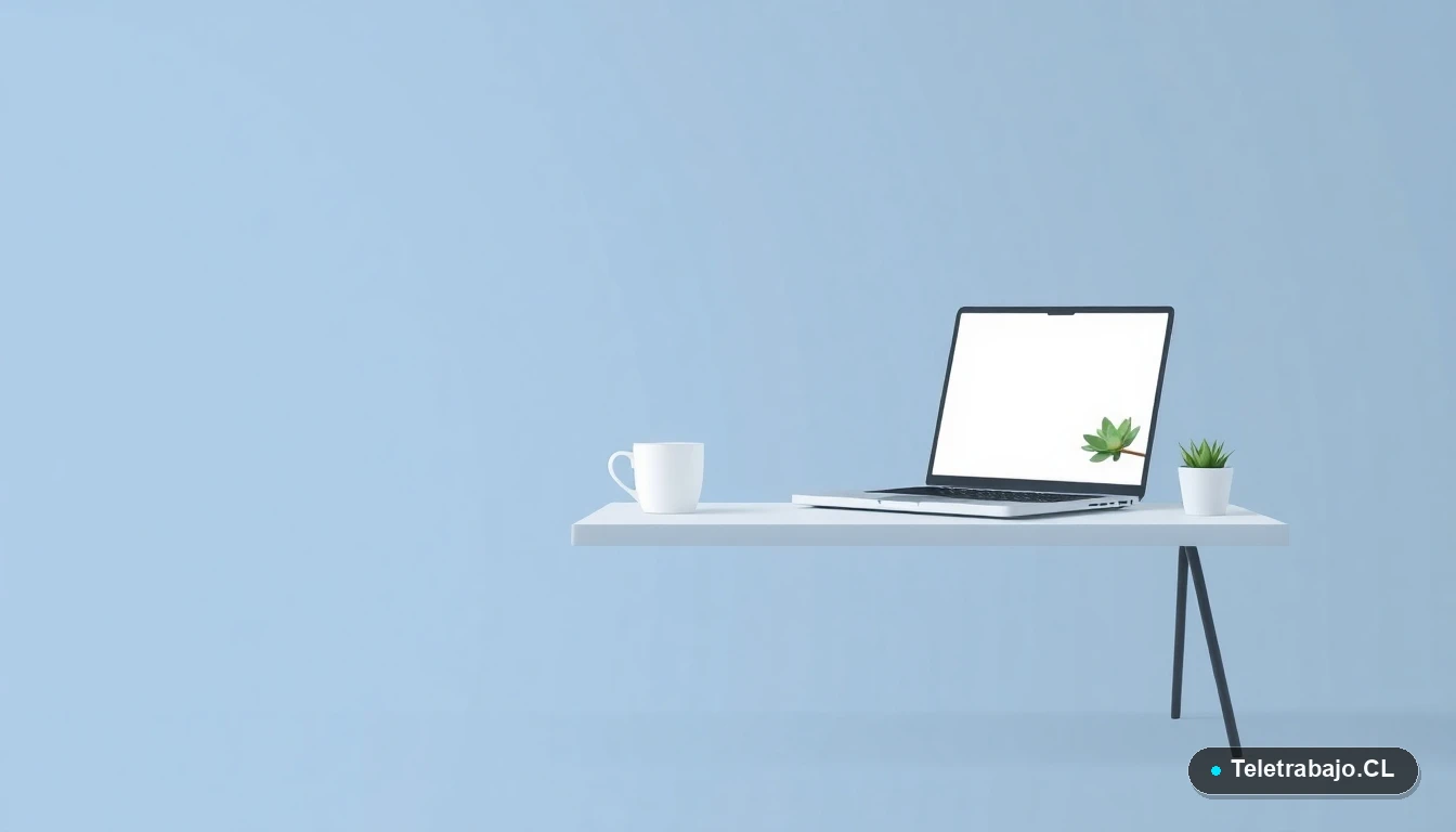 Escritorio moderno vacío con laptop, taza de café y una planta, sobre fondo degradado azul grisáceo, concepto de espacio de trabajo y evaluación de desempeño.