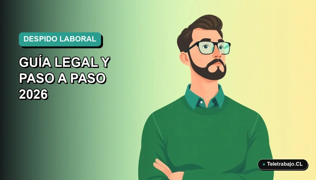Ilustración vectorial plana de un trabajador masculino con suéter verde mirando pensativo, fondo degradado azul verdoso, concepto de despido laboral en Chile.