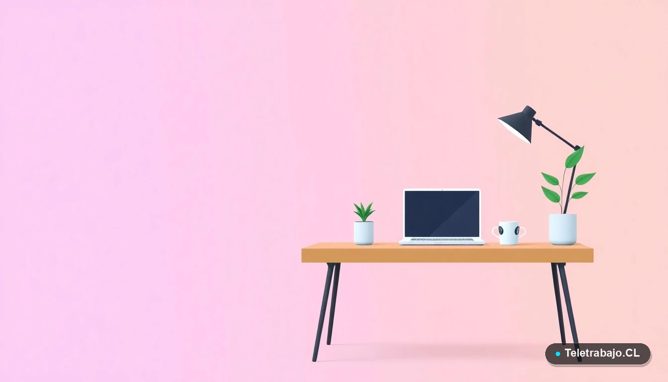 Escritorio moderno vacío con laptop, planta y taza de café, ilustración vectorial minimalista, fondo degradado lila y durazno, concepto de transición laboral.