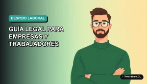 Ilustración vectorial plana de un trabajador masculino de tecnología con suéter verde, sobre fondo degradado azul verdoso, representando el concepto de despido disciplinario en Chile.