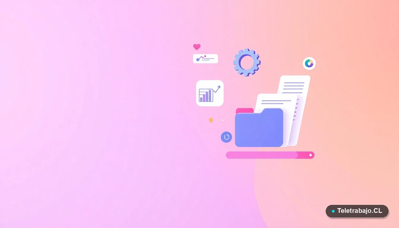 Composición abstracta de interfaz de usuario con gráficos flotantes y iconos de engranaje y carpetas, estilo vectorial plano, sobre fondo degradado lila y durazno.