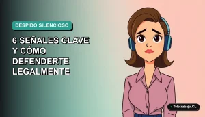 Ilustración vectorial plana de estilo Corporate Memphis de una mujer profesional chilena con expresión preocupada, sobre un fondo degradado suave de color verde azulado. La imagen representa el concepto de despido silencioso en el trabajo remoto.