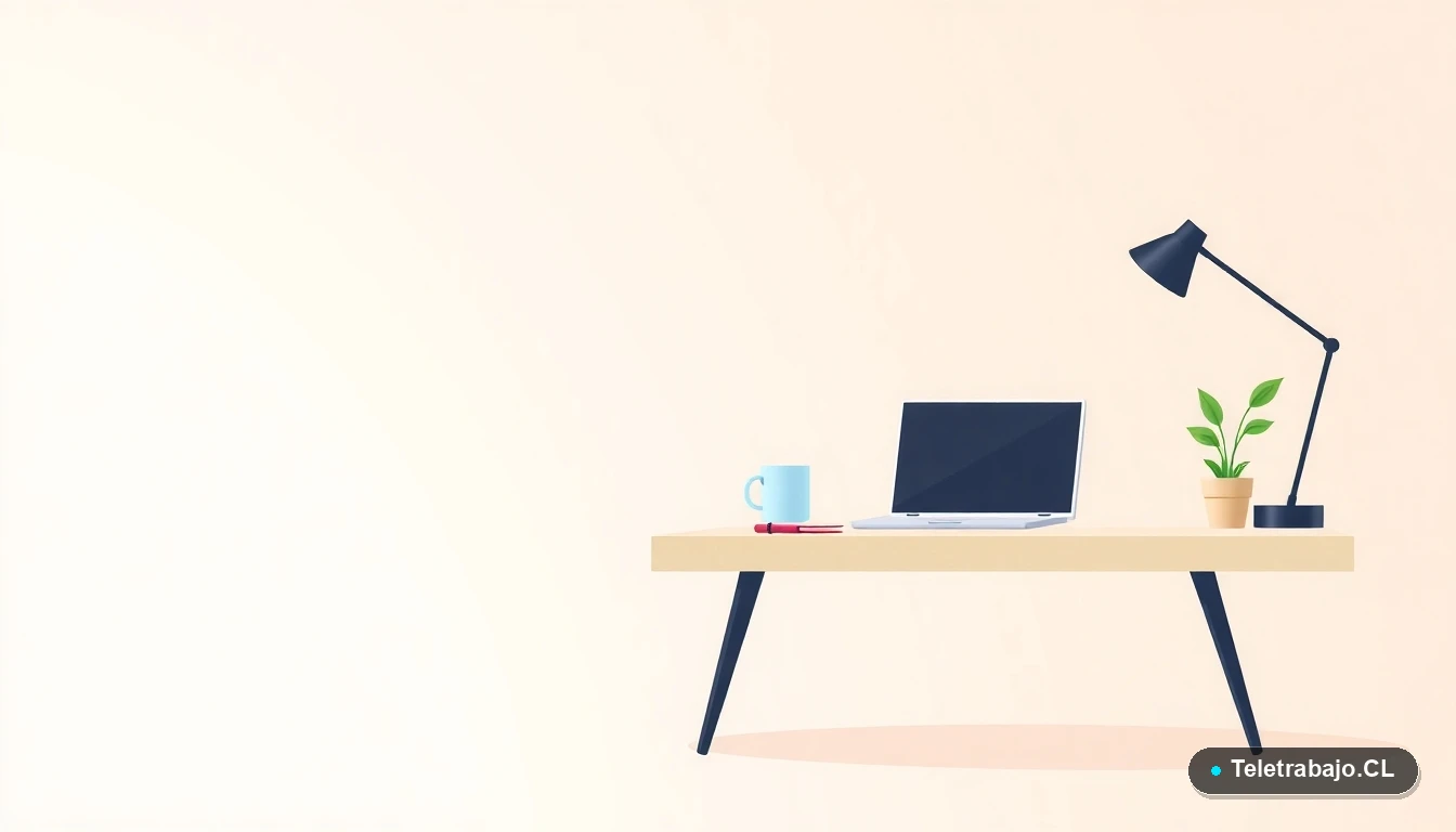 Ilustración vectorial plana de un escritorio moderno y minimalista para teletrabajo, con laptop, cuaderno y taza de café, sobre fondo degradado color menta. Representa un espacio de trabajo vacío, asociado al concepto de despido silencioso.