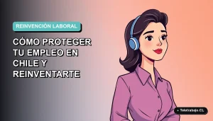 Ilustración vectorial plana de una mujer profesional chilena en teletrabajo, con fondo degradado azul verdoso, representando la reinvención laboral en el sector tecnológico.