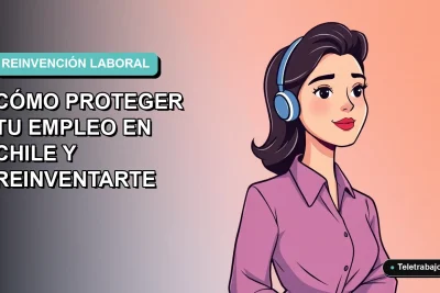 Ilustración vectorial plana de una mujer profesional chilena en teletrabajo, con fondo degradado azul verdoso, representando la reinvención laboral en el sector tecnológico.