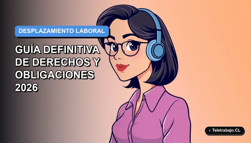 Ilustración vectorial plana de una trabajadora chilena de tecnología, con expresión profesional, sobre fondo degradado azul y gris. Representa guía de derechos y obligaciones laborales 2026.