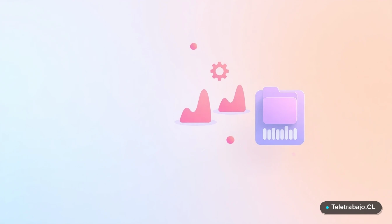 Elementos de interfaz de usuario abstractos y modernos, como gráficos flotantes y un ícono de engranaje, en colores lavanda y durazno, sobre fondo degradado. Representa conceptos tecnológicos y de gestión laboral.