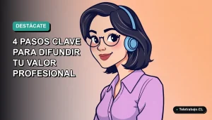 Ilustración plana corporativa de una mujer profesional chilena sonriente, con fondo degradado azul verdoso. Espacio negativo a la izquierda.