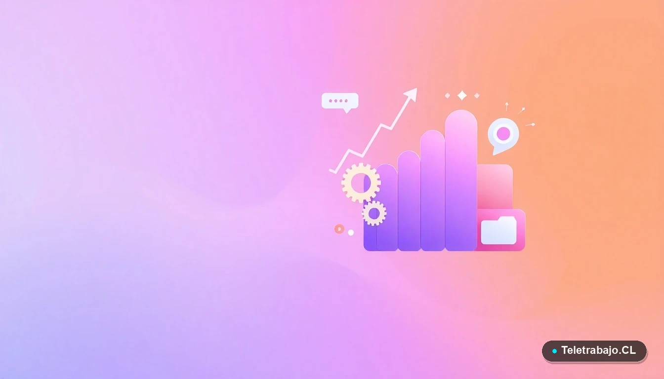 Composición abstracta de interfaz tecnológica con gráficos y engranajes flotantes en tonos lavanda y durazno, sobre fondo degradado. Concepto de datos y productividad.