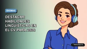 Ilustración plana corporativa de una profesional remota sonriente con blusa azul, sobre un fondo degradado azul y blanco, representando habilidades lingüísticas en el CV.