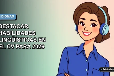 Ilustración plana corporativa de una profesional remota sonriente con blusa azul, sobre un fondo degradado azul y blanco, representando habilidades lingüísticas en el CV.