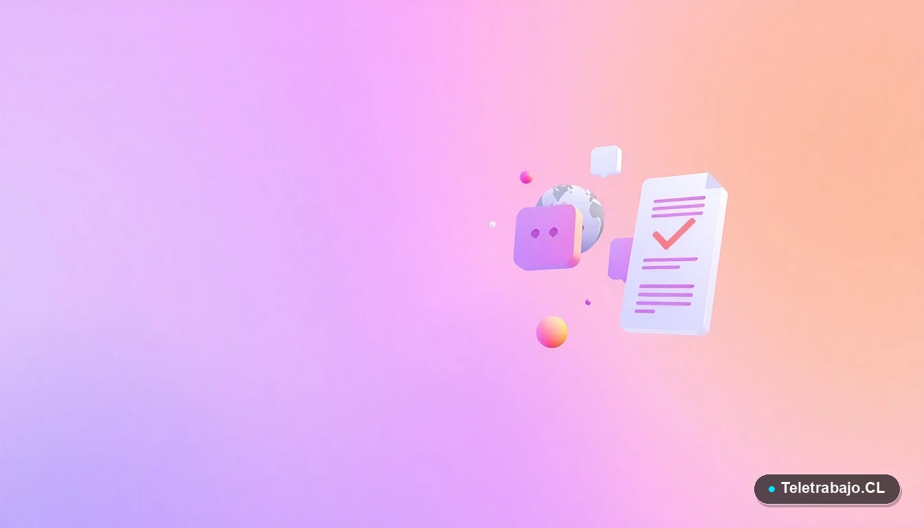 Ilustración abstracta de elementos de interfaz de usuario flotantes, como globos y documentos, sobre un fondo degradado lila y durazno, representando conceptos de comunicación y habilidades globales.