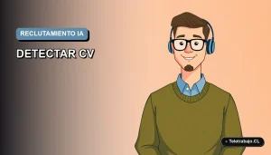 Ilustración vectorial plana y moderna de un trabajador remoto masculino, estilo Corporate Memphis, sobre un fondo degradado azul, representando el uso de inteligencia artificial en el reclutamiento de personal en Chile.