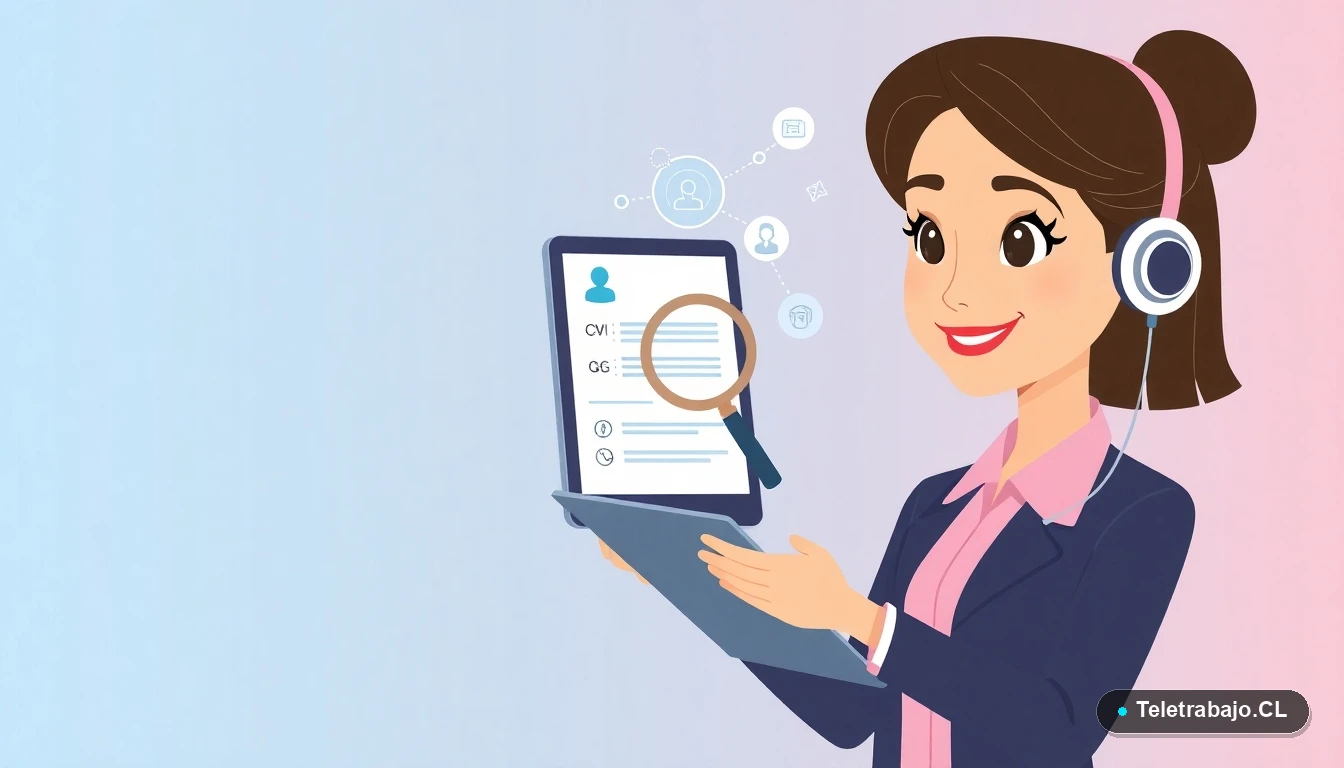 Reclutadora chilena analizando un currículum vitae con herramientas de inteligencia artificial en una pantalla digital.
