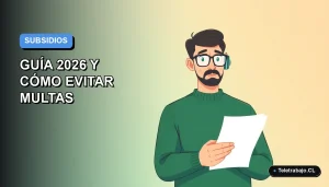 Ilustración vectorial plana de un trabajador autónomo revisando documentos sobre la devolución del subsidio de paternidad en Chile, fondo degradado azul.