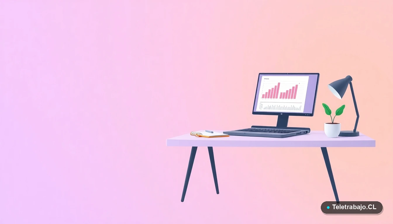 Escritorio moderno vacío con laptop y gráficos, concepto de gestión financiera para autónomos, fondo degradado lila y melocotón.