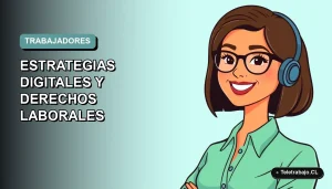 Ilustración vectorial plana de una trabajadora remota chilena sonriente, con fondo degradado azul verdoso, para el Día del Trabajador 2026.