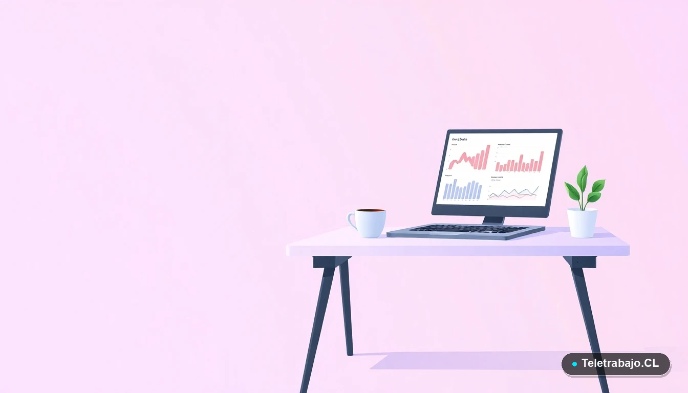 Escritorio moderno vacío con laptop, gráficos digitales, taza de café y planta, fondo degradado lila, concepto de teletrabajo y estrategias digitales.