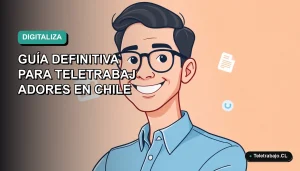 Ilustración vectorial plana de un trabajador remoto chileno sonriente con camisa azul, junto a un laptop y gráficos flotantes, sobre fondo degradado verde azulado.