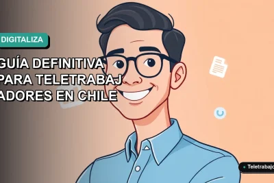 Ilustración vectorial plana de un trabajador remoto chileno sonriente con camisa azul, junto a un laptop y gráficos flotantes, sobre fondo degradado verde azulado.