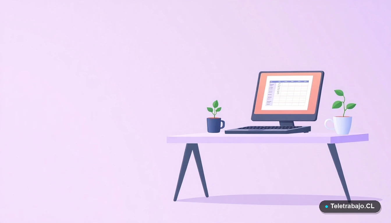 Escritorio moderno minimalista con laptop mostrando una planilla Excel, una planta y una taza de café, sobre fondo degradado lila y gris, concepto de teletrabajo eficiente.