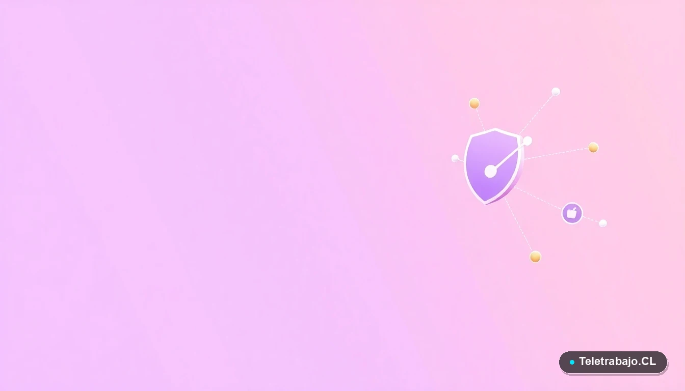 Interfaz de usuario abstracta de tecnología con iconos de escudo, gráficos y nodos conectados en colores lavanda y durazno, sobre fondo degradado lila. Concepto visual de ciberseguridad y datos.